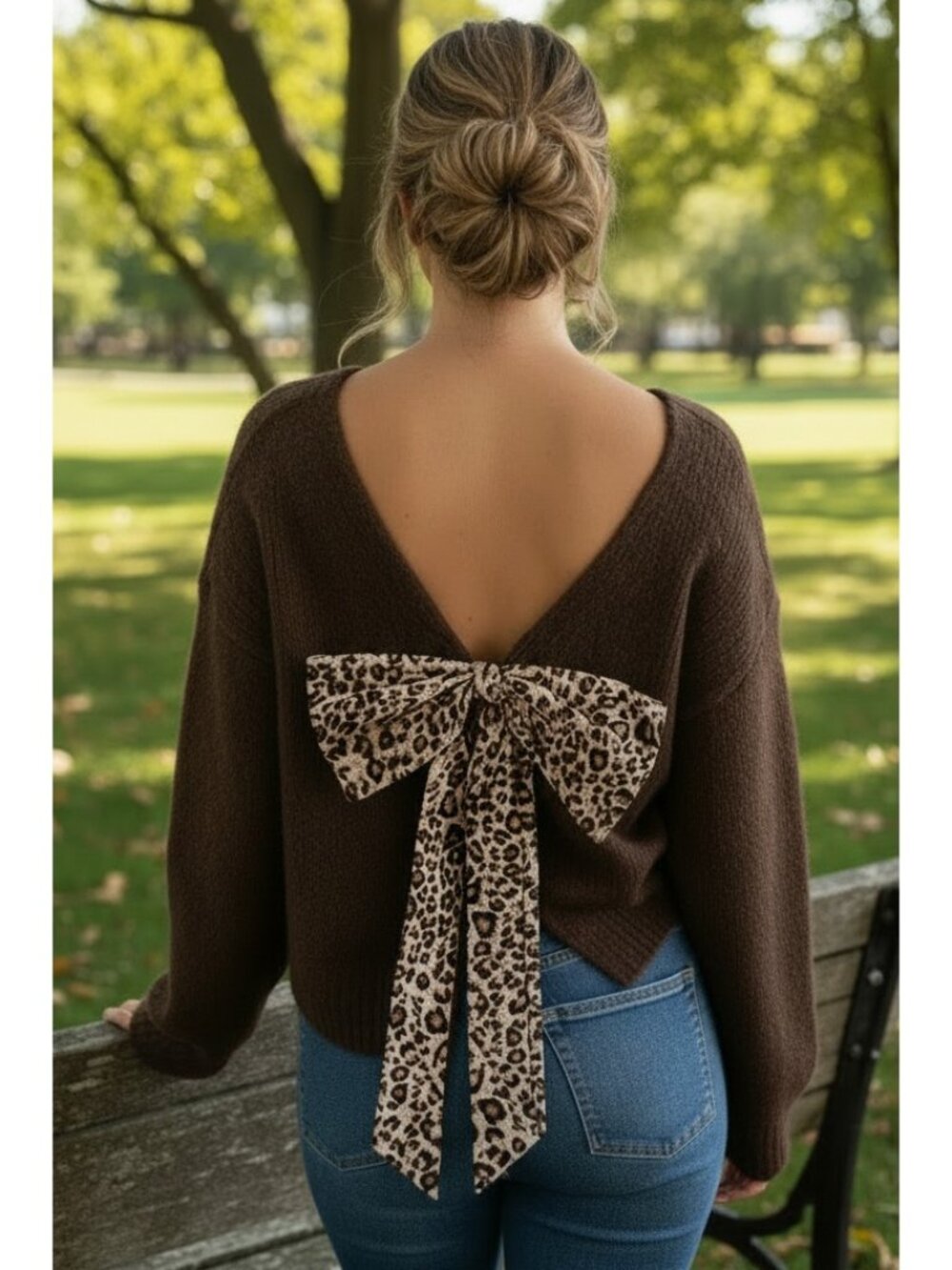 Oversized Leopard Bow Dramatic Split Open Back Dropped Shoulder Baggy Sweater